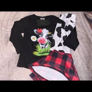 Girls Cow with Plaid Bell Bottom Pant Set